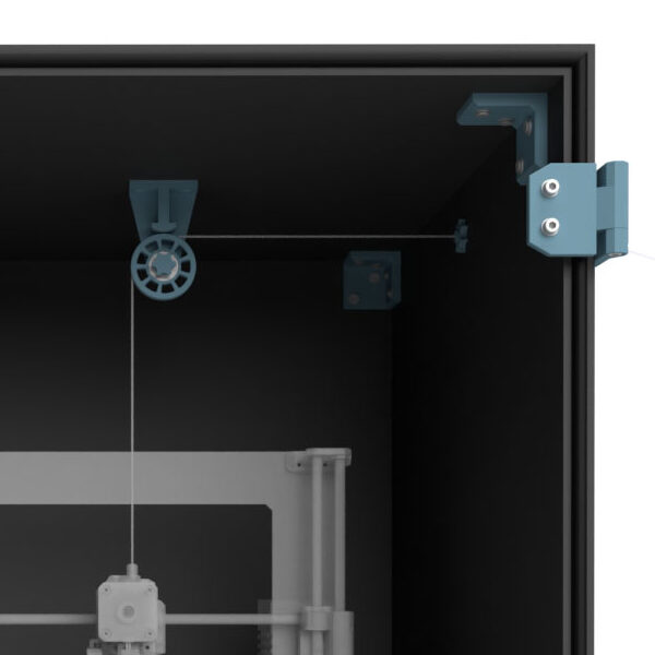 Rendered product image of the 3D printer enclosure with the door closed filament redirection pully visible