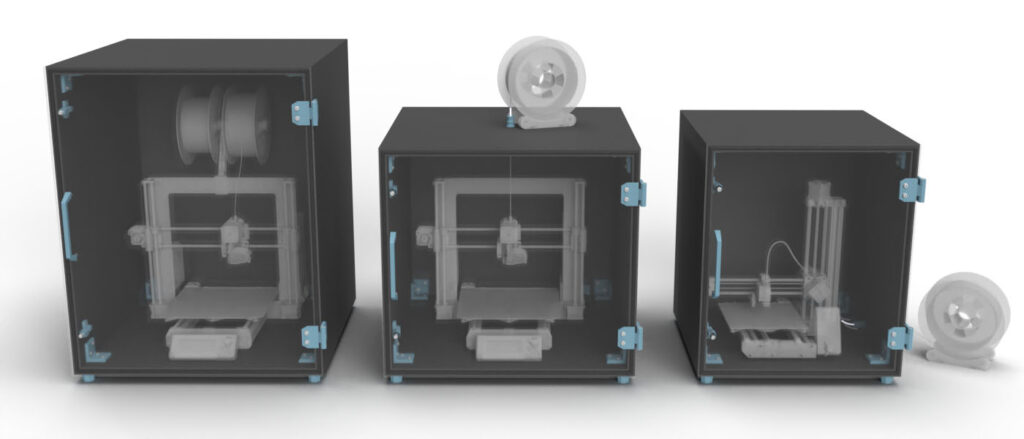 Rendering 3D printer enclosure - large for Prusa i3 MK3 with filament inside, medium for Prusa i3 MK3 with filament feed from outside and 3D printer box small for Prusa MINI with filament feed from outside.