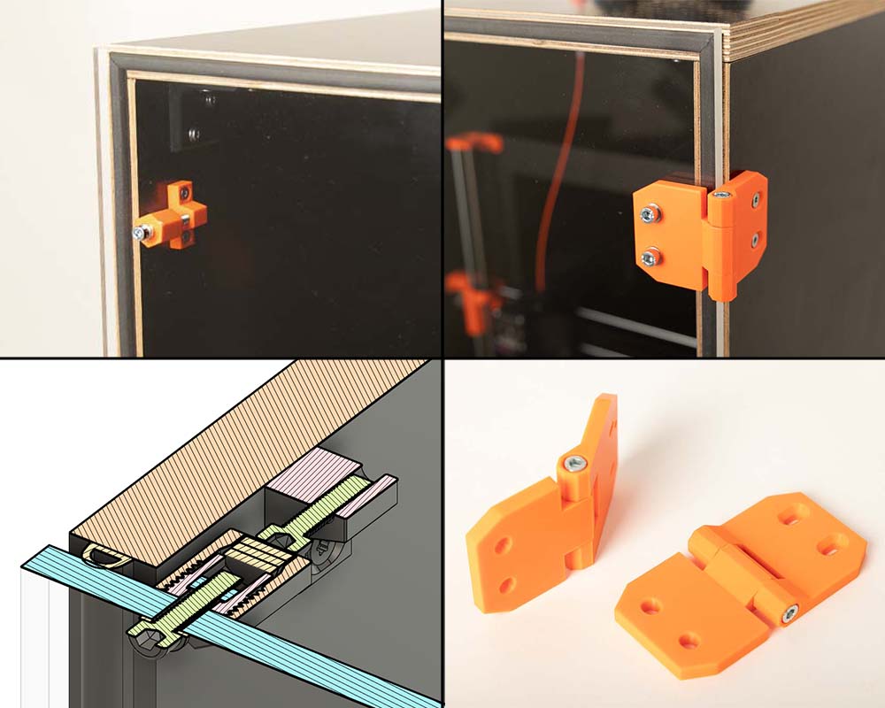 Collage of the magnet lock and hinges of the door of the DIY 3D printer box