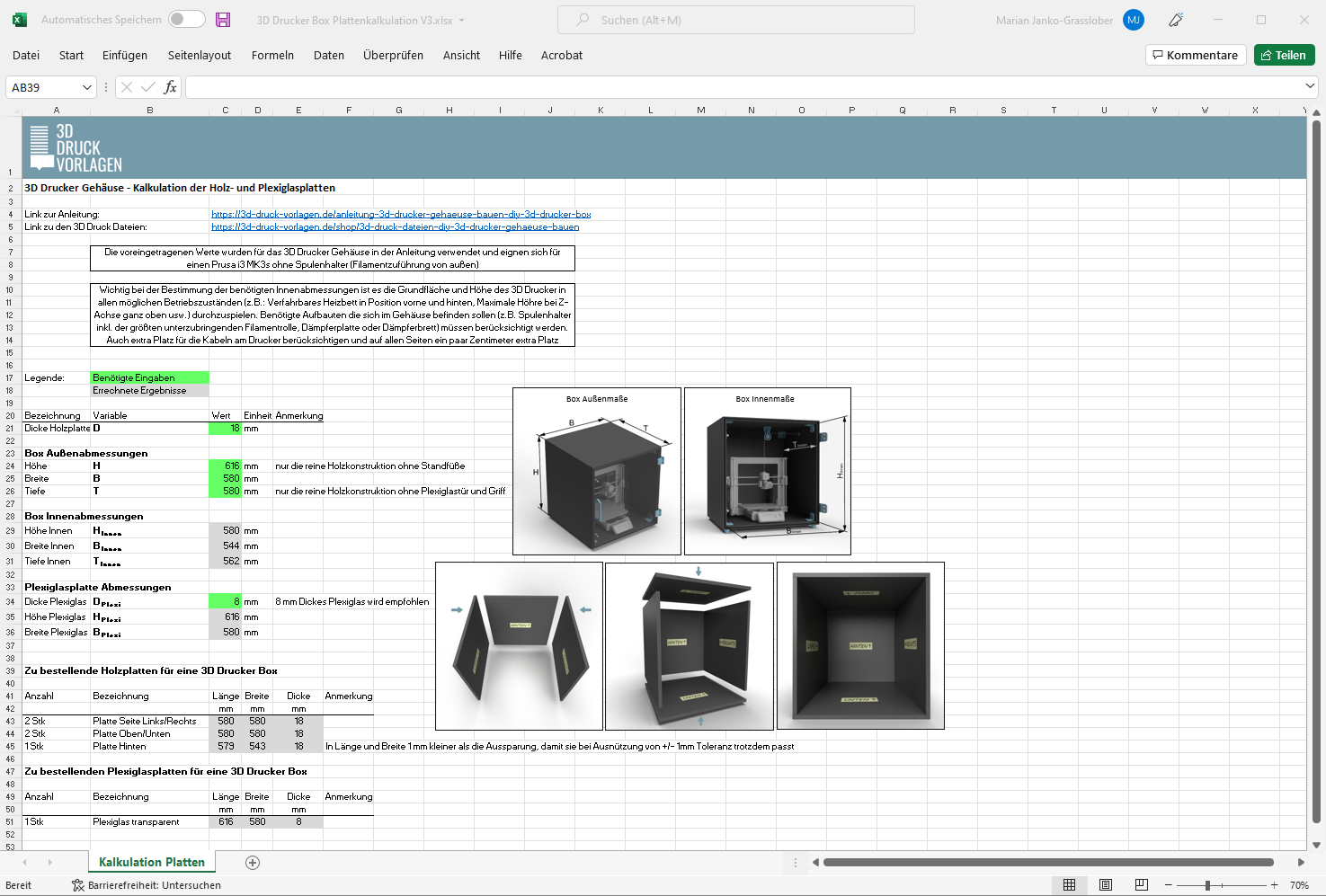 Screenshot der Excel Datei zur Kalkulation der Holz- und Plexiglasplatten für das 3D Drucker Gehäuse bauen