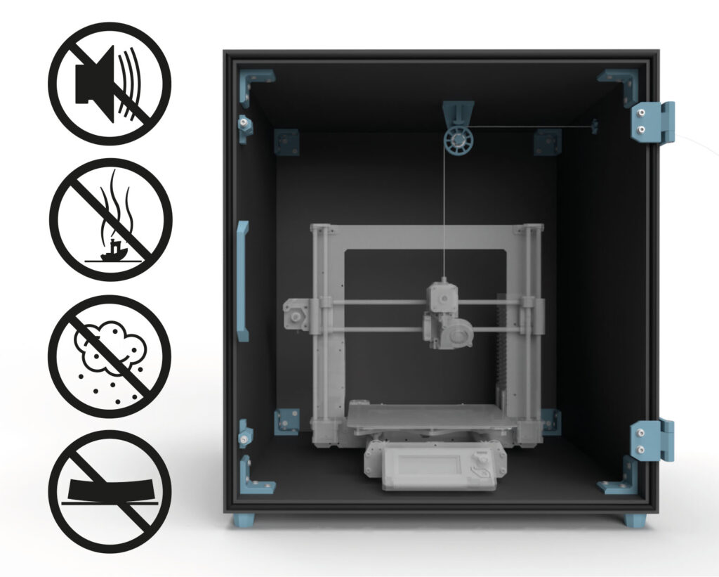 Vorteile des 3D Drucker Gehäuses sind weniger Laerm, weniger Gerüche, keine Staub am 3D Drucker und weniger Warping Verzug