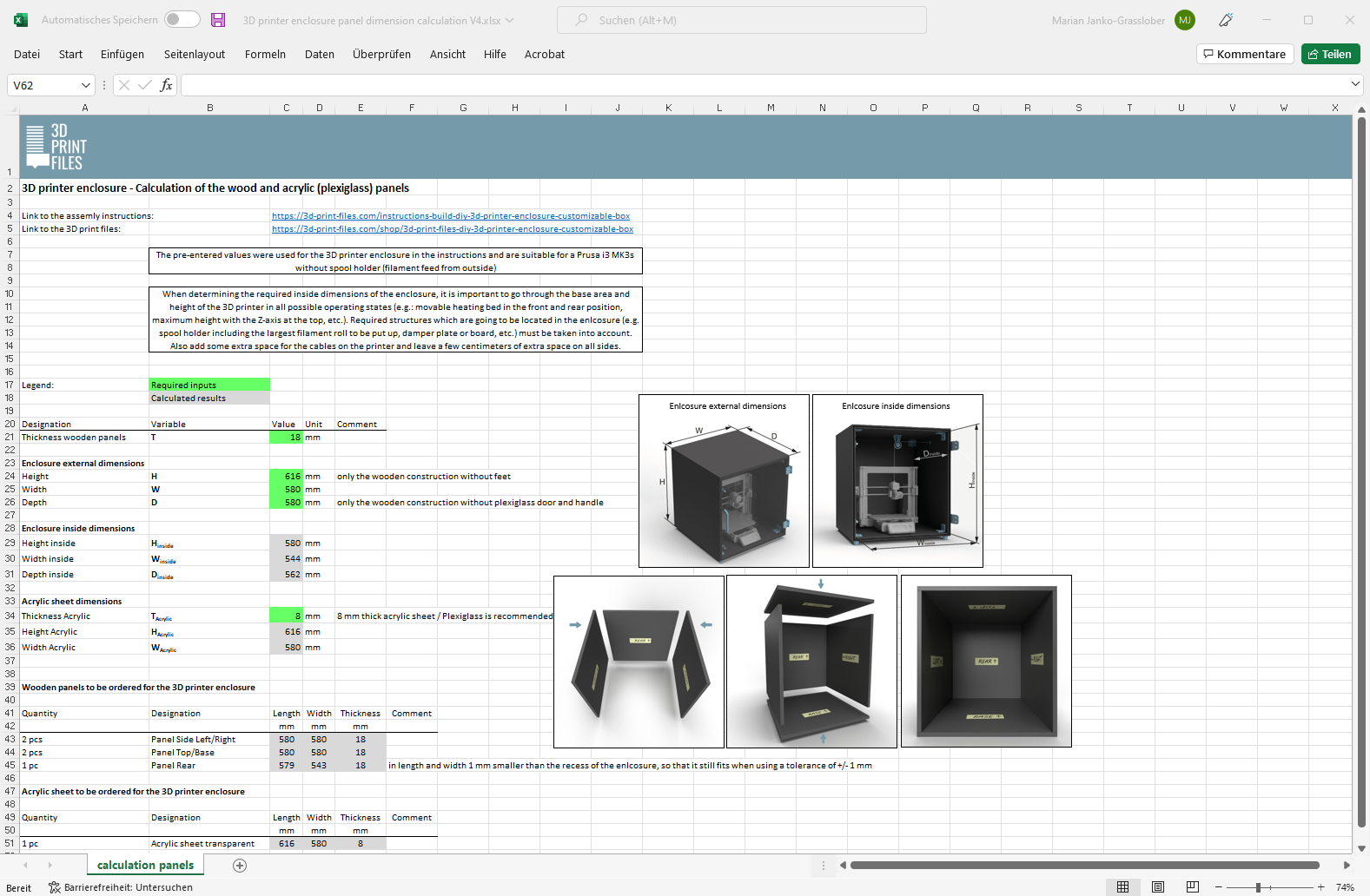 Screenshot of the Excel calculation sheet for the calculation of the wooden and arcrylic panels for the 3D printer enclosure