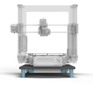 Rendering des DIY Dämpferbretts für 3D Drucker um Lautstärke zu reduzieren. Der 3D Drucker ist transparent dargestellt und alle 3D Druck Teile in türkis