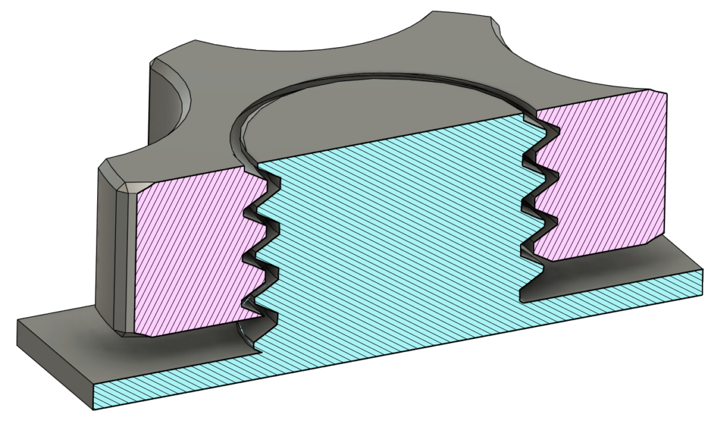 Cross section view Fusion 360 3D printed thread with nut. Sketch to explain the PrintFit system