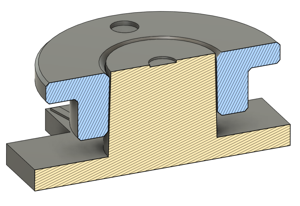 Cross sectional view Fusion 360 3D printed clamping connection with cone and clamping ring. Sketch to explain the PrintFit system