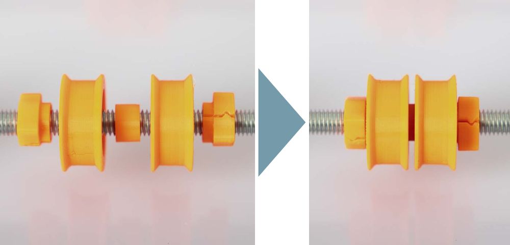 Zwei 3D gedruckte Einzelrollen der Filament Spulen Halterung werden mit zwei 3D gedruckten Schnellverschluss Muttern fixiert. Das Bild zeigt links die Bauteile verteilt auf der Gewindestange und rechts, wenn die Muttern angezogen sind.