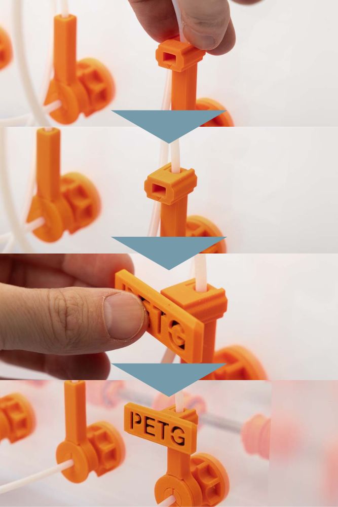 Compilation of 4 photos that show how the 3D printed clip for variant B is attached to the filament box and then how the material label is attached to the clip.