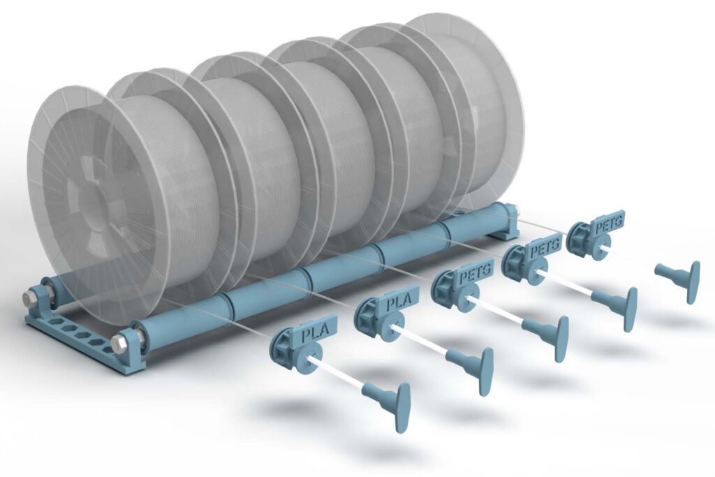 Rendering Filament Box without an airtight box, but only the filament storage including 5 filament spools and the feedthroughs are shown. The spools are stored on wide pulleys.