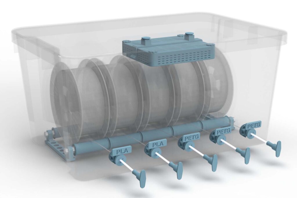 Rendering Filament Box with 5 filament spools stored on wide pulleys. The filament outlets have short PTFE tubes attached (version A). A silica gel box is attached to the lid as a desiccant.