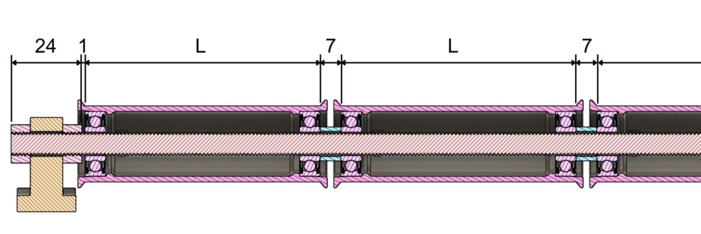 Technical section through the filament spool holder with wide pulleys. For an overview, all components necessary to calculate the threaded rod length are dimensioned here.