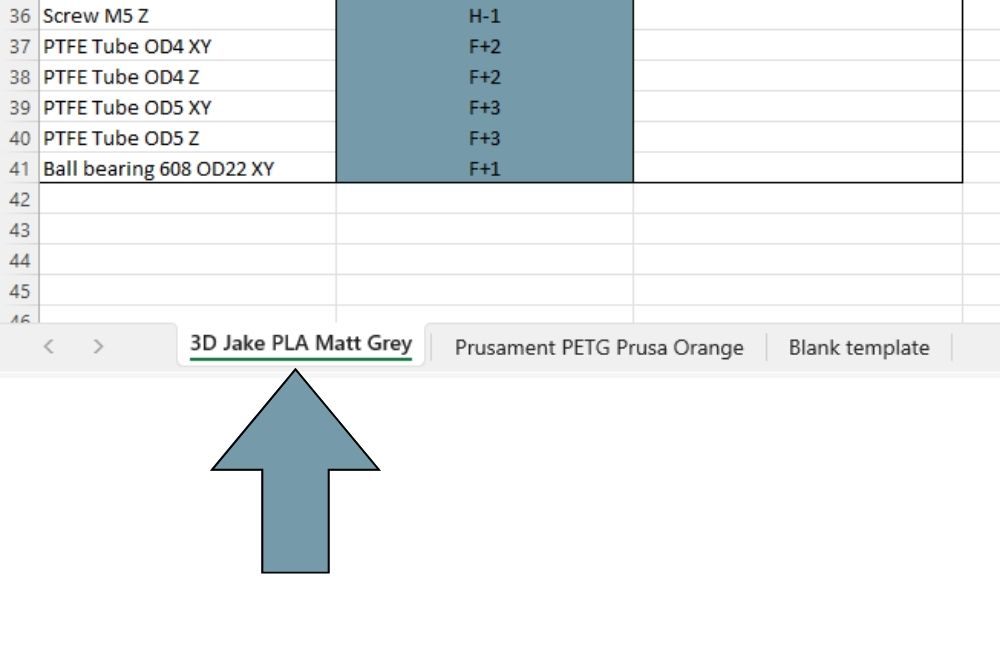 Screenshot of the Excel file for entering the determined values with the 3D printed PrintFit testers, detail of the lower right area and showing the worksheets, with each individual filament getting its own worksheet.
