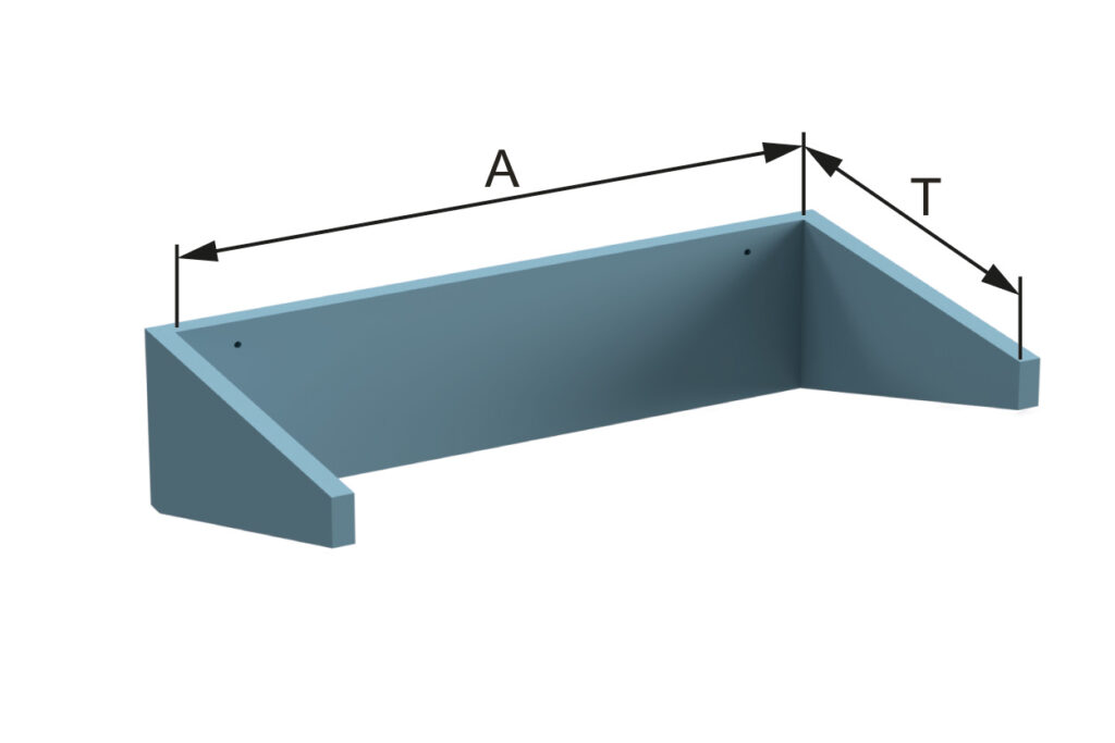 Rendering der Wandhalterung für Filament Trockenboxen mit Bemaßung des Zinkenabstands und Zinkenlänge.