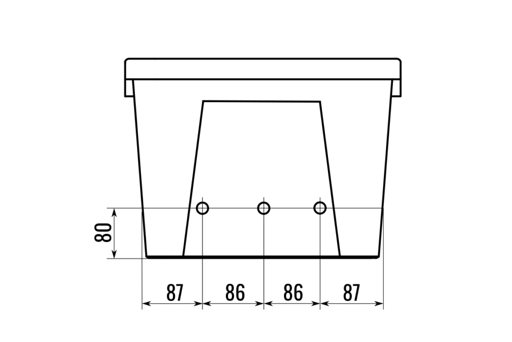 Technische Skizze IKEA Samla Box 22l mit 3 Bohrungen für Filament Durchführungen