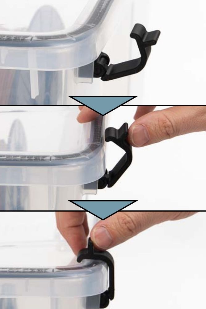 Funktionstest der 3D Druck Verschlüsse für IKEA Samla Box mit Dichtband um für die Filament Lagerung luftdicht zu sein. Collage aus drei Fotos, die den Test Schritt für Schritt zeigen.