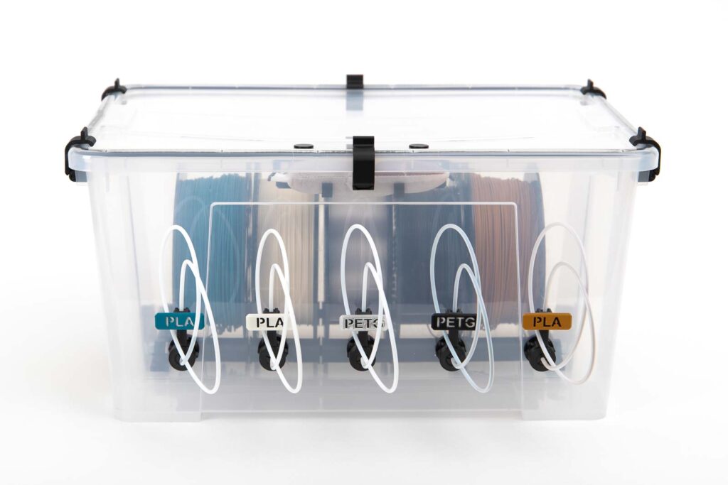 DIY 45l Ikea Samla box for filament storage with up to 5 filament spools. The filament spools are ready to be printed directly from the airtight and dust-free Samla box.