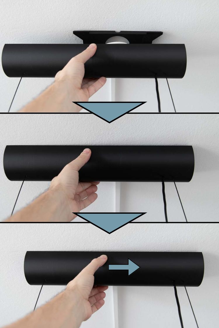 Picture collage of 3 photos showing how the ceiling panel is pushed onto the ceiling mount to fix the 3D print pendant light to the ceiling