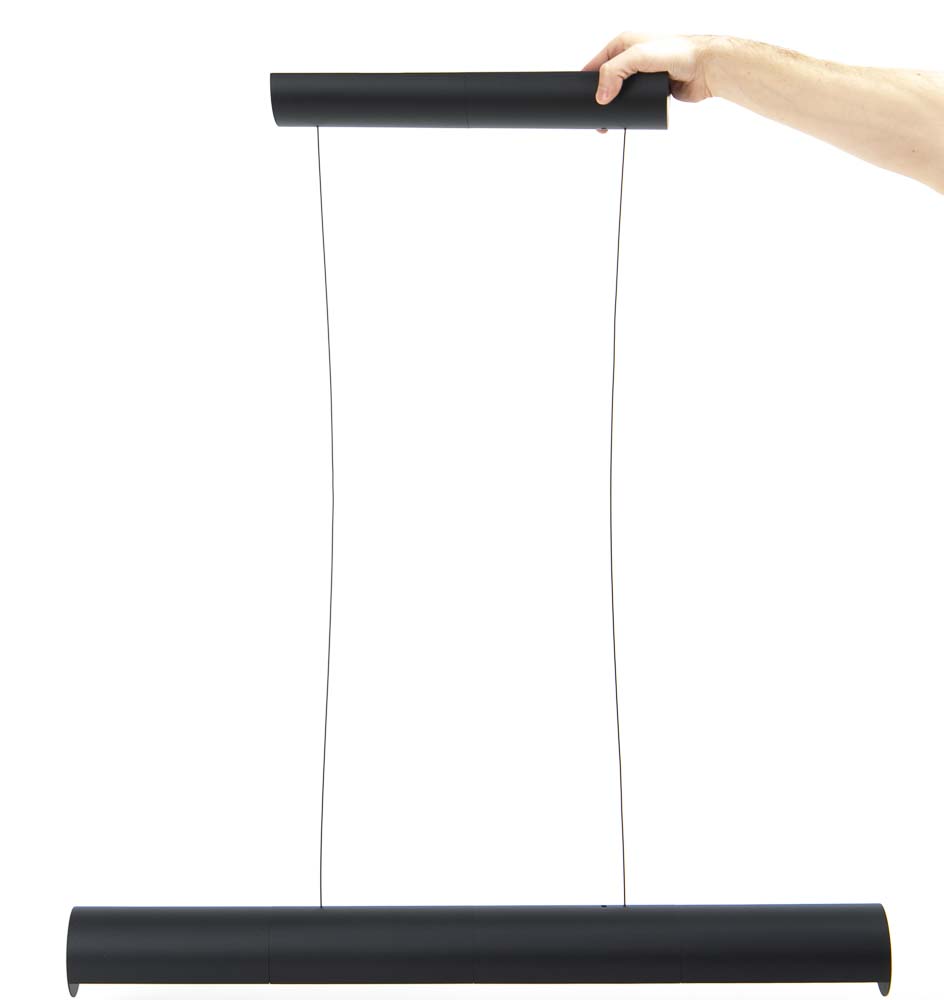 The finished 3D print pendant light hangs from the ceiling panel