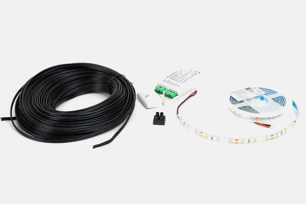 All necessary purchased parts: flexible LED strip, cable zip ties, a luster terminal, LED driver, and a power cable
