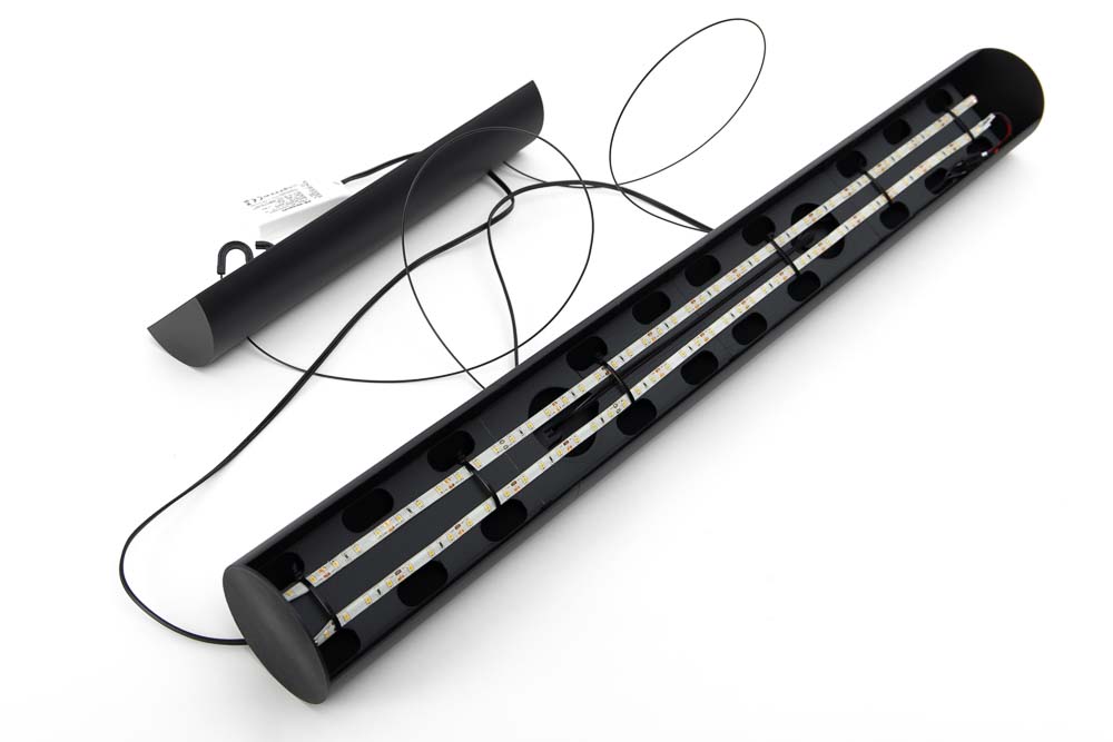 Finished 3D printed pendant light with installed electronics lies on a table and is ready for assembly.