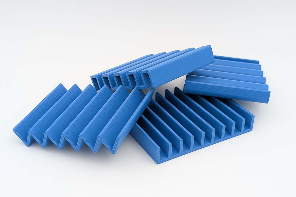 3D Druck Seifenhalter Seifenschale, gedruckt in Blau Filament, zeigt die vier verschiedenen Designs: Rippen Rechteck, Dreieck und Wellen.