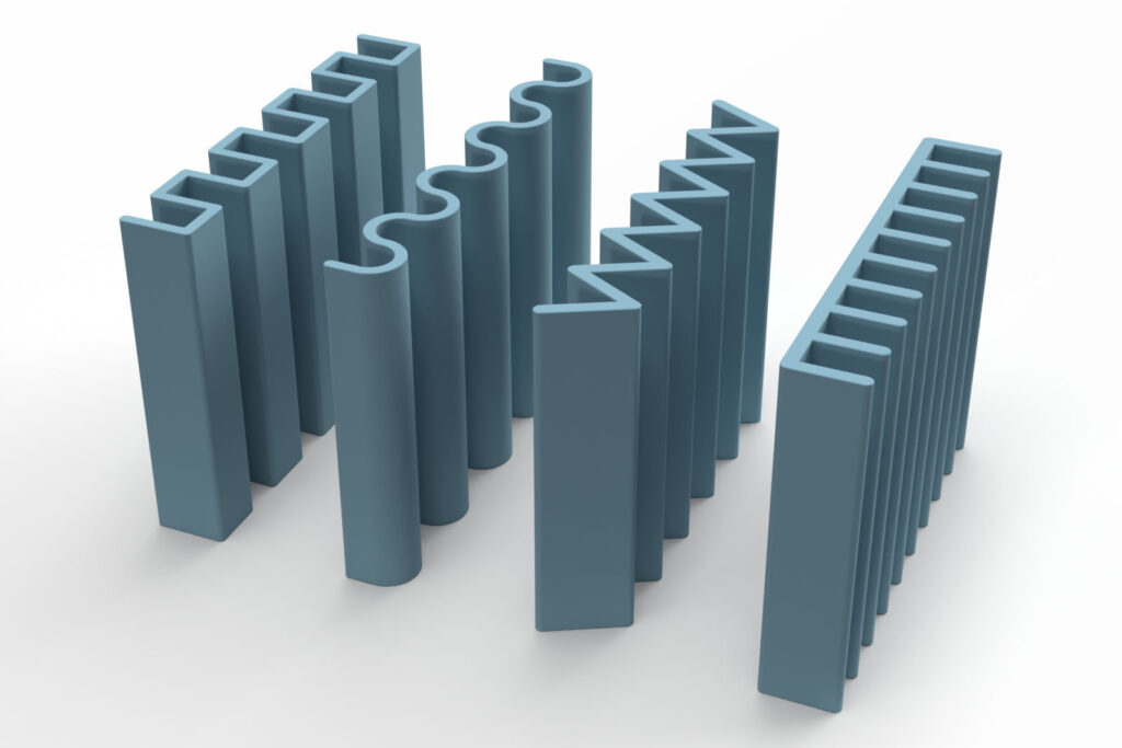 Rendering von 3D Druck Dateien in Druckposition für 3D gedruckte Seifenschale bzw. Seifenablage in vier verschiedenen Designs: Rippen, Rechteck, Wellen und Dreieck.