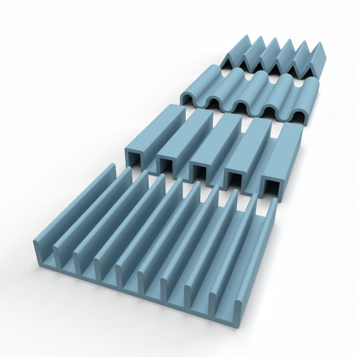 Rendering von 3D Druck Dateien für 3D gedruckte Seifenhalter Seifenablagen in vier verschiedenen Designs: Rippen, Rechteck, Wellen und Dreieck.