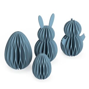 Rendering der STL Dateien für die 3D Druck Waben Osteranhänger in Form eines Ei (klein und groß), Hasen und Küken. Ideal zum Dekorieren des Osterstrauchs.