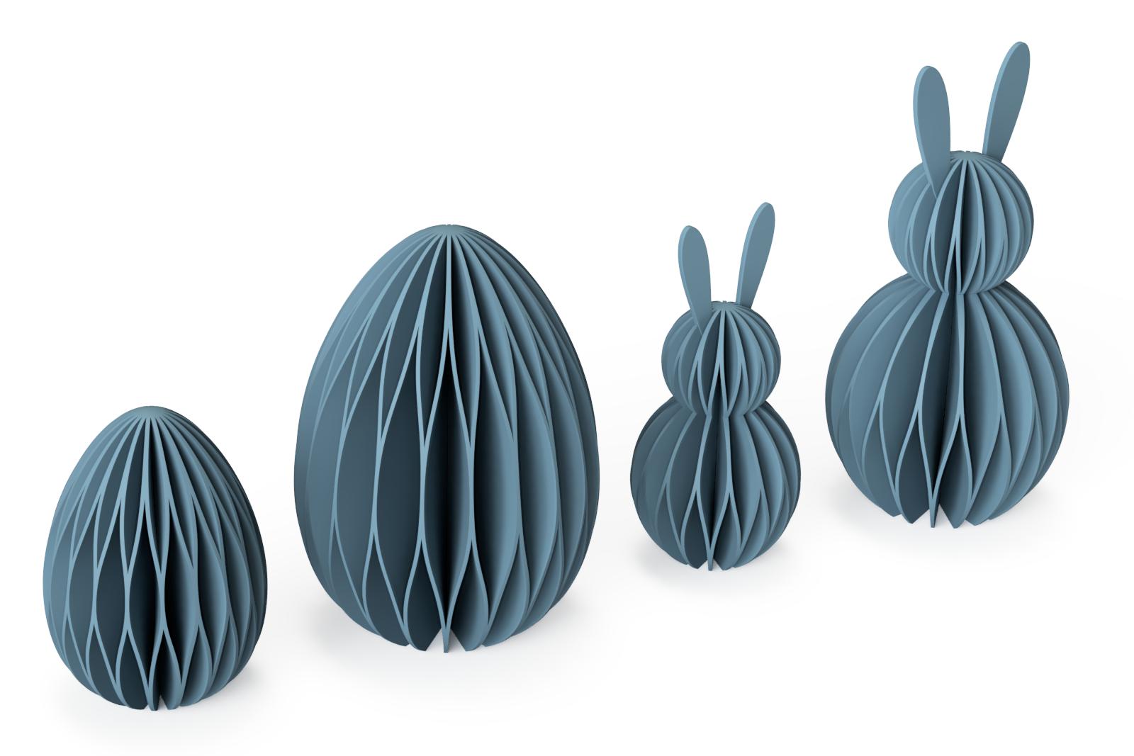 Rendering 3D Druck Dateien (STL Dateien) der Waben Osterdeko für den Tisch, Großer und kleiner Hase und Osterei bzw. Ei