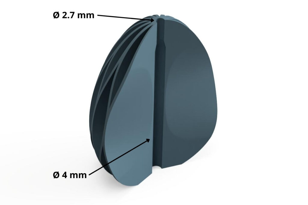Querschnitt durch Rendering eines 3D Druck Waben Osteranhänger zeigt den Mechanismus zur unsichtbaren Befestigung der Halteschnüre. Bohrung unten ist 4 mm und Bohrung am Ausgang oben ist 2.7 mm.