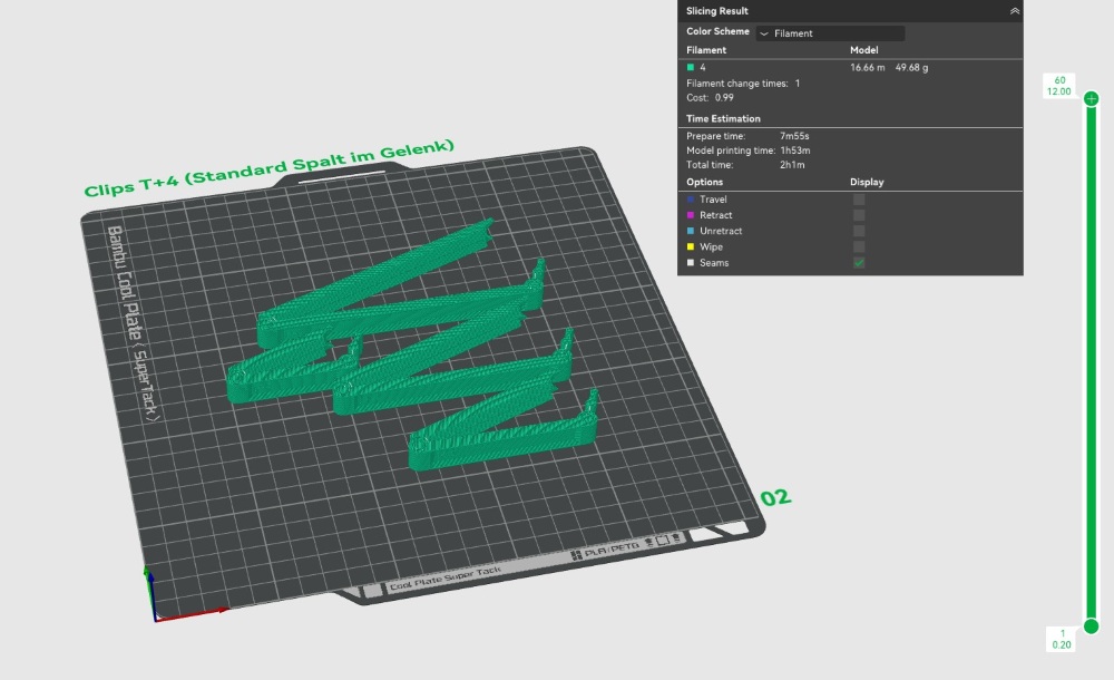 Screenshot Bambu Studio Slicer Druckzeit und Filamentverbrauch 3D Druck Beutelclips